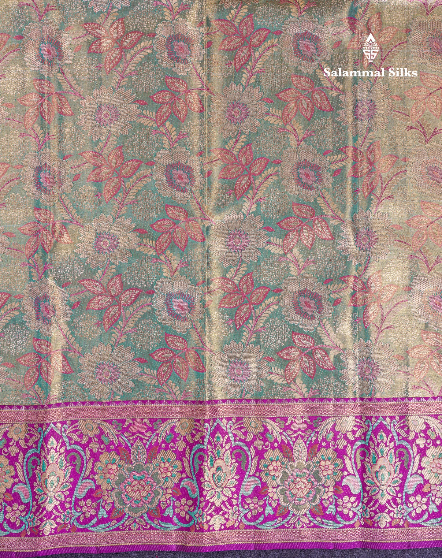 Beautiful Sapphire Green Tissue Meenakari Work Bridal Pure Kanjivaram Silk Saree With Contrast Vadamalli Fancy Border