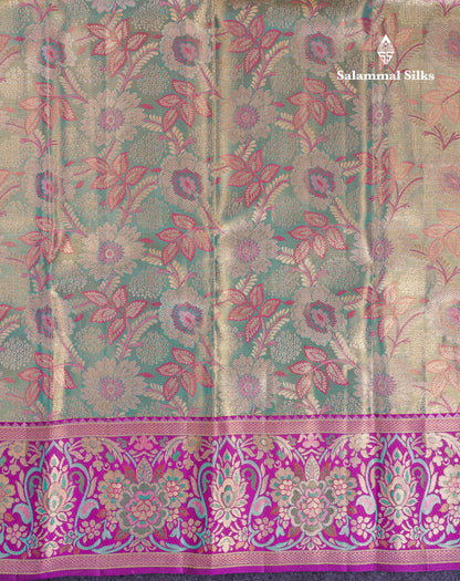 Beautiful Sapphire Green Tissue Meenakari Work Bridal Pure Kanjivaram Silk Saree With Contrast Vadamalli Fancy Border