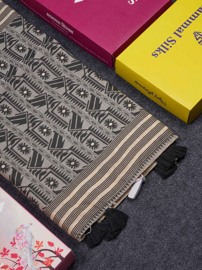 Beautiful Cream Sandal Thread Work & Zari Buttas Muga Cotton Saree With Contrast Pink Fancy Border