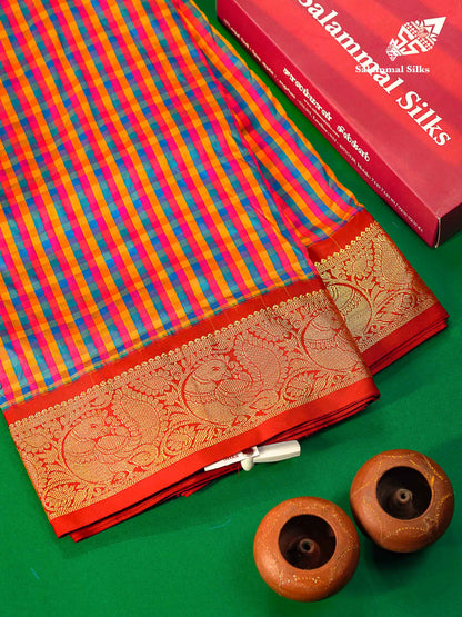 Semi Silk Saree - Multicolour Body Checks With Contrast Maroon Traditional Border | 10 Yards