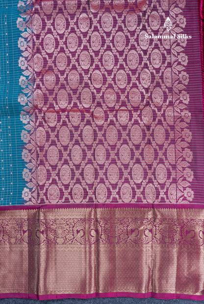 Ramar Blue Small Checks Pure Mix Silk Saree With Contrast Magenta Long Border