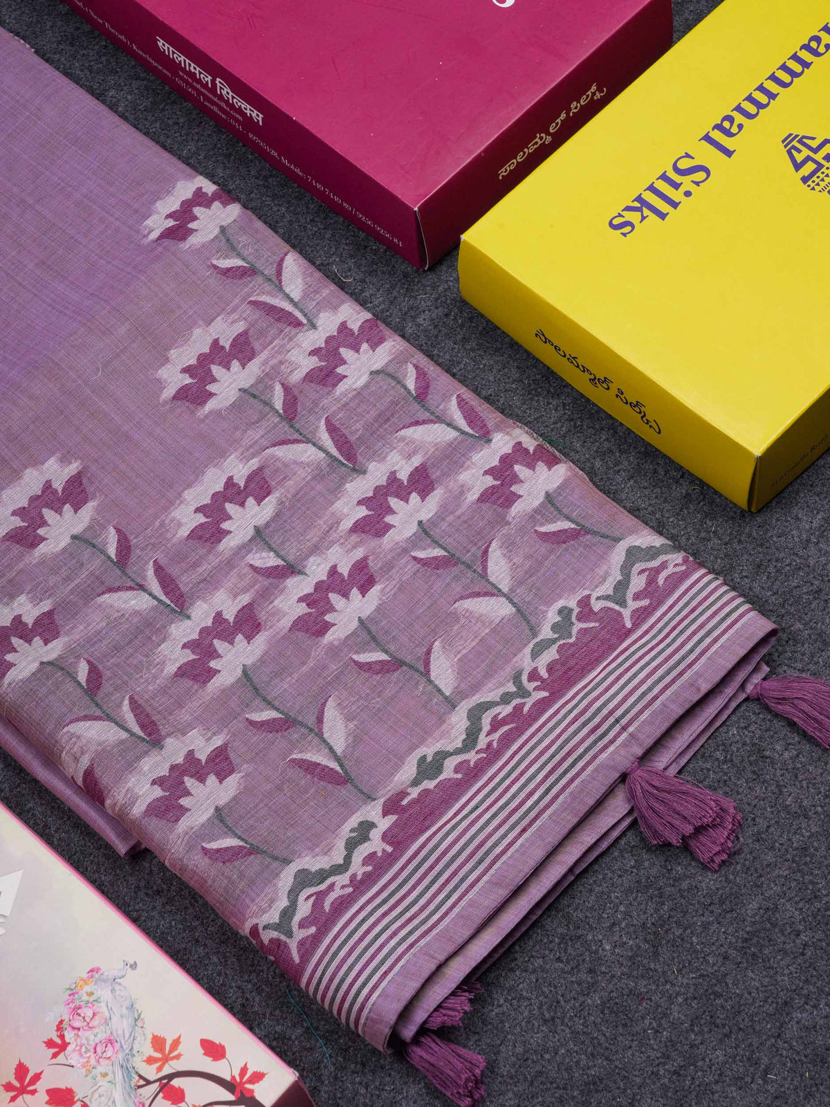 Beautiful Light Lavender Thread Work Butta Cotton Mix Saree With Contrast Dual Tone Maroon Blouse