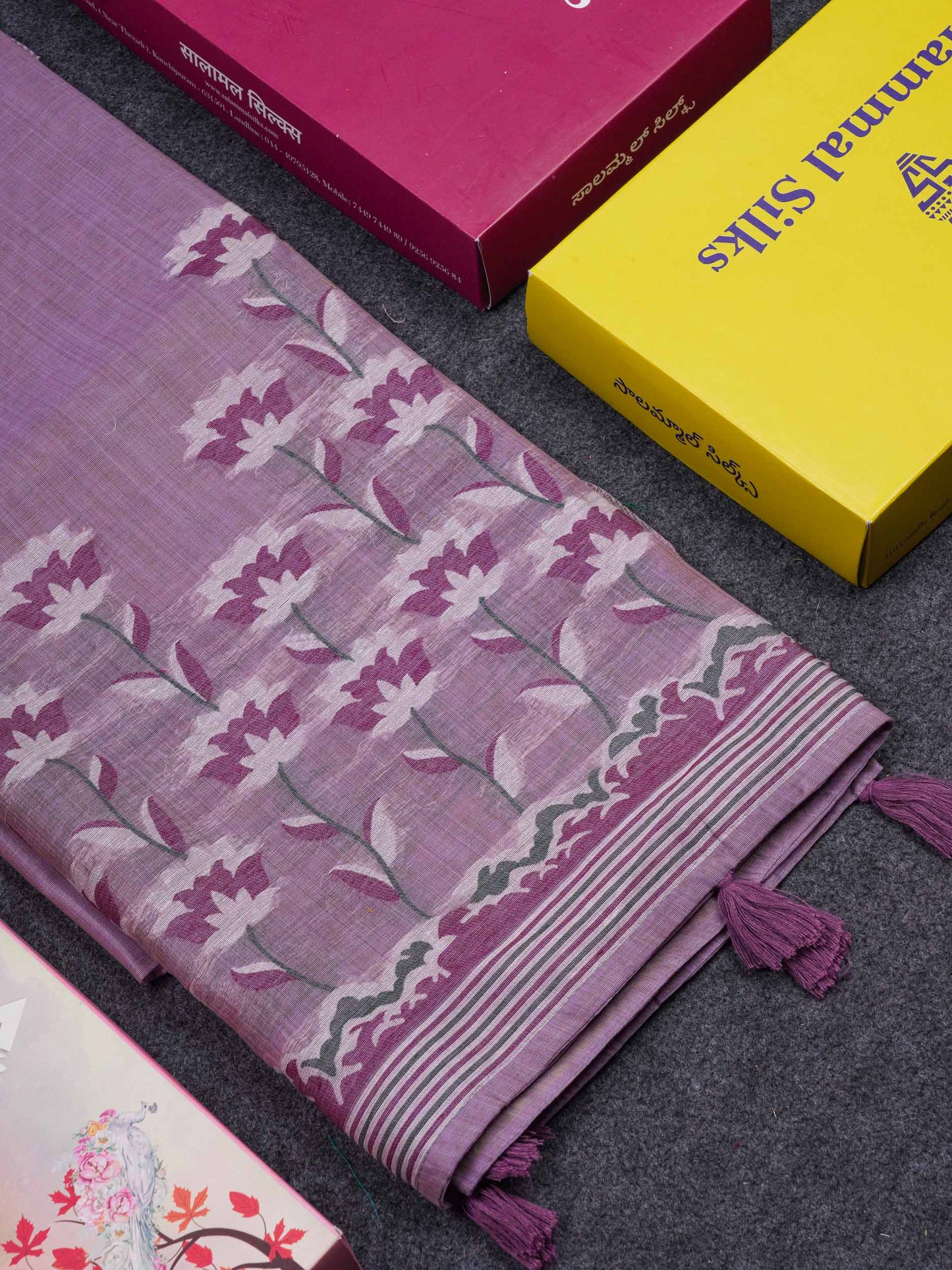 Beautiful Light Lavender Thread Work Butta Cotton Mix Saree With Contrast Dual Tone Maroon Blouse