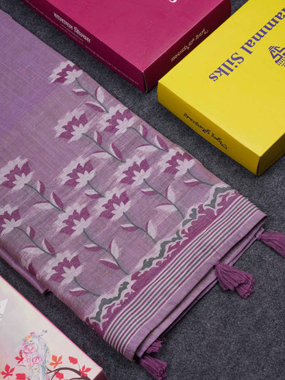 Beautiful Light Lavender Thread Work Butta Cotton Mix Saree With Contrast Dual Tone Maroon Blouse