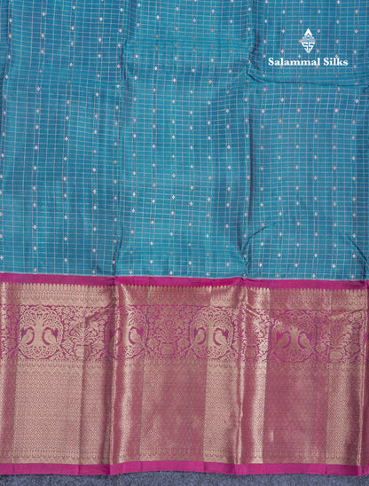 Ramar Blue Small Checks Pure Mix Silk Saree With Contrast Magenta Long Border