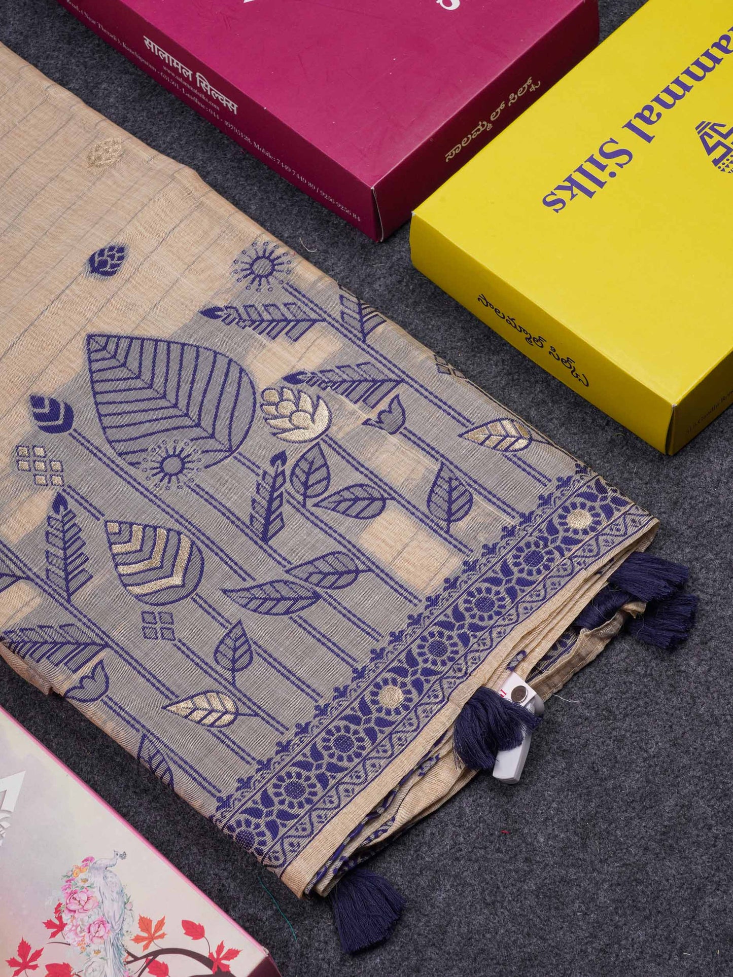 Beautiful Cream Sandal Cotton Mix Saree With Contrast Ramar Blue Fancy Border