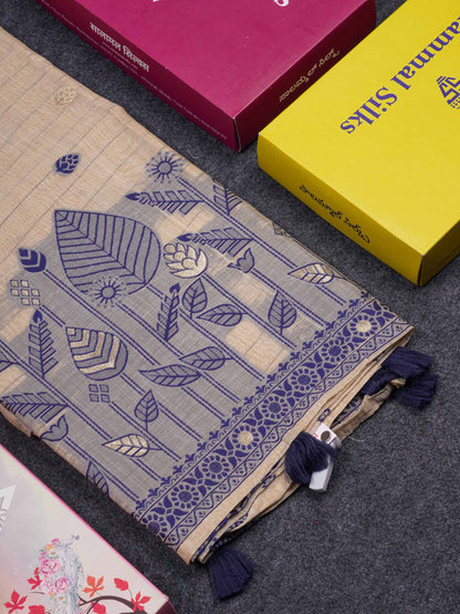 Beautiful Cream Sandal Cotton Mix Saree With Contrast Ramar Blue Fancy Border