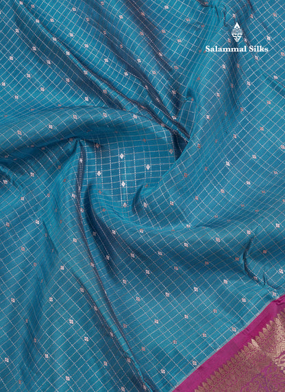 Ramar Blue Small Checks Pure Mix Silk Saree With Contrast Magenta Long Border