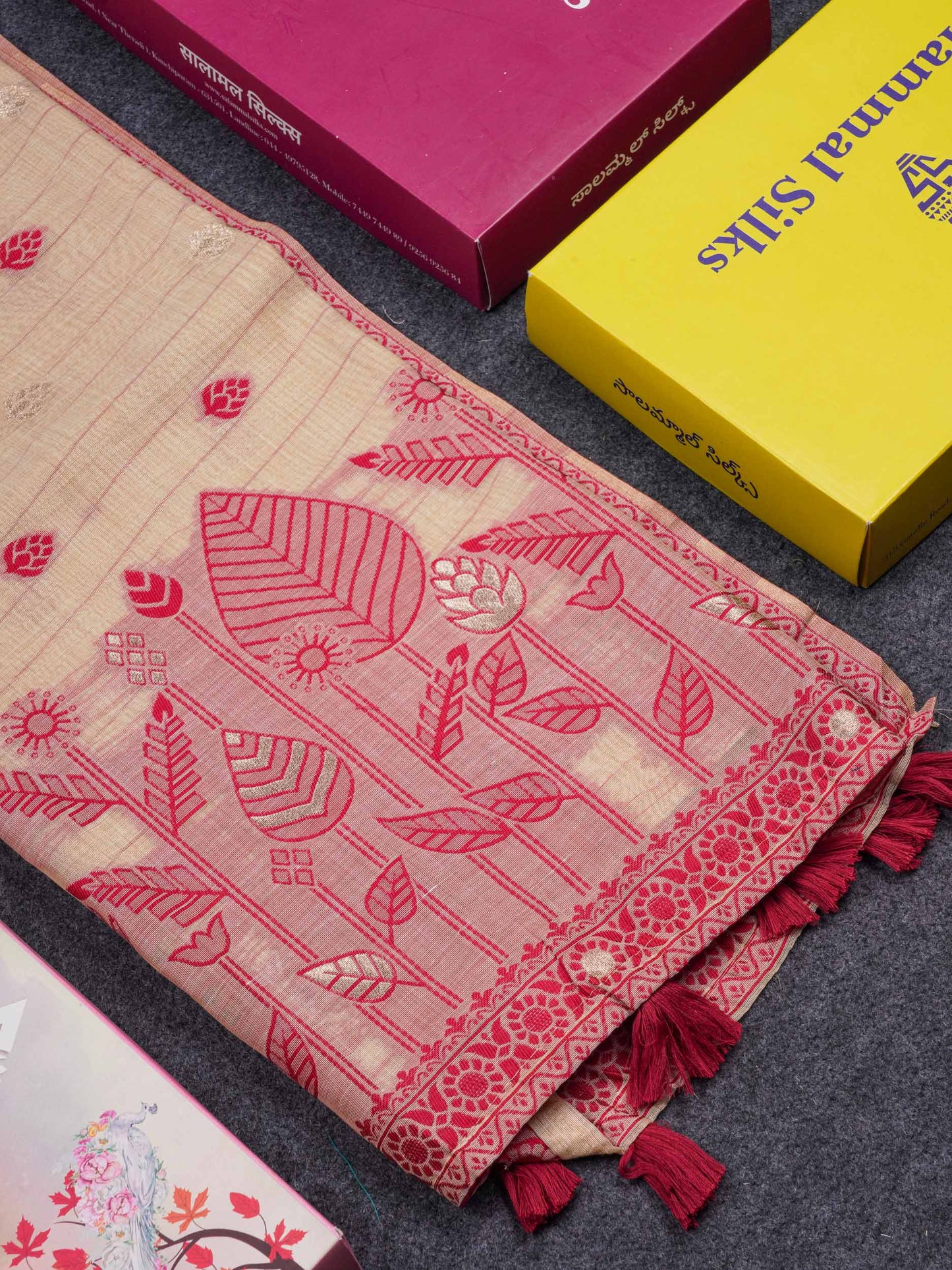 Beautiful Cream Sandal Cotton Mix Saree With Contrast Ramar Blue Fancy Border