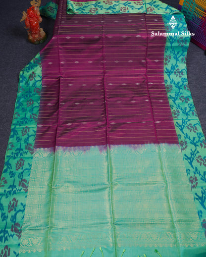 Beautiful Magenta Pure Kanjivaram Soft Silk Saree With Contrast Ikkat Sapphire Green Border