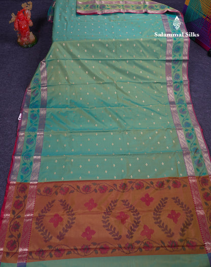 Beautiful Dual Tone Pink Semi Silk Saree With Contrast Brown Pochampalli Blouse
