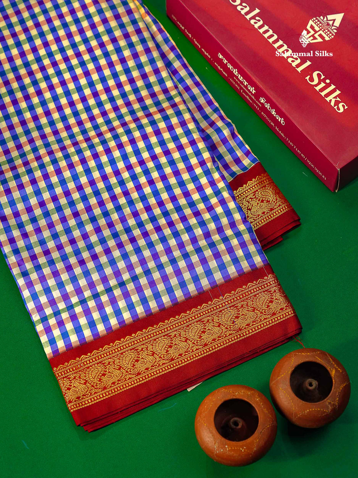 9.5 Yards Semi Silk Saree Peacock Blue & White Checks With Contrast Maroon Traditional Border