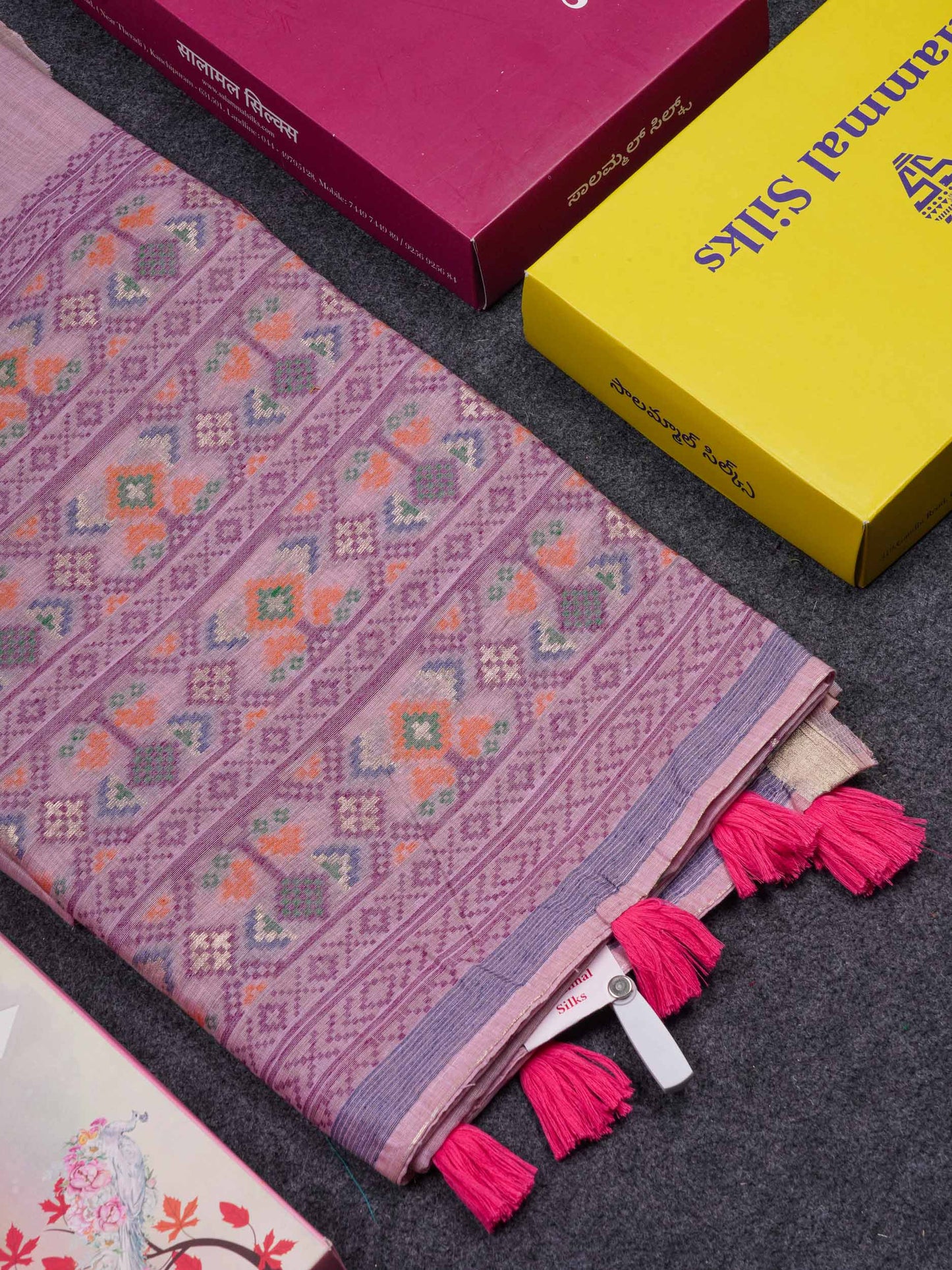 Beautiful Lavender Menakari Work Muga Cotton Saree With Contrast Magenta Blouse