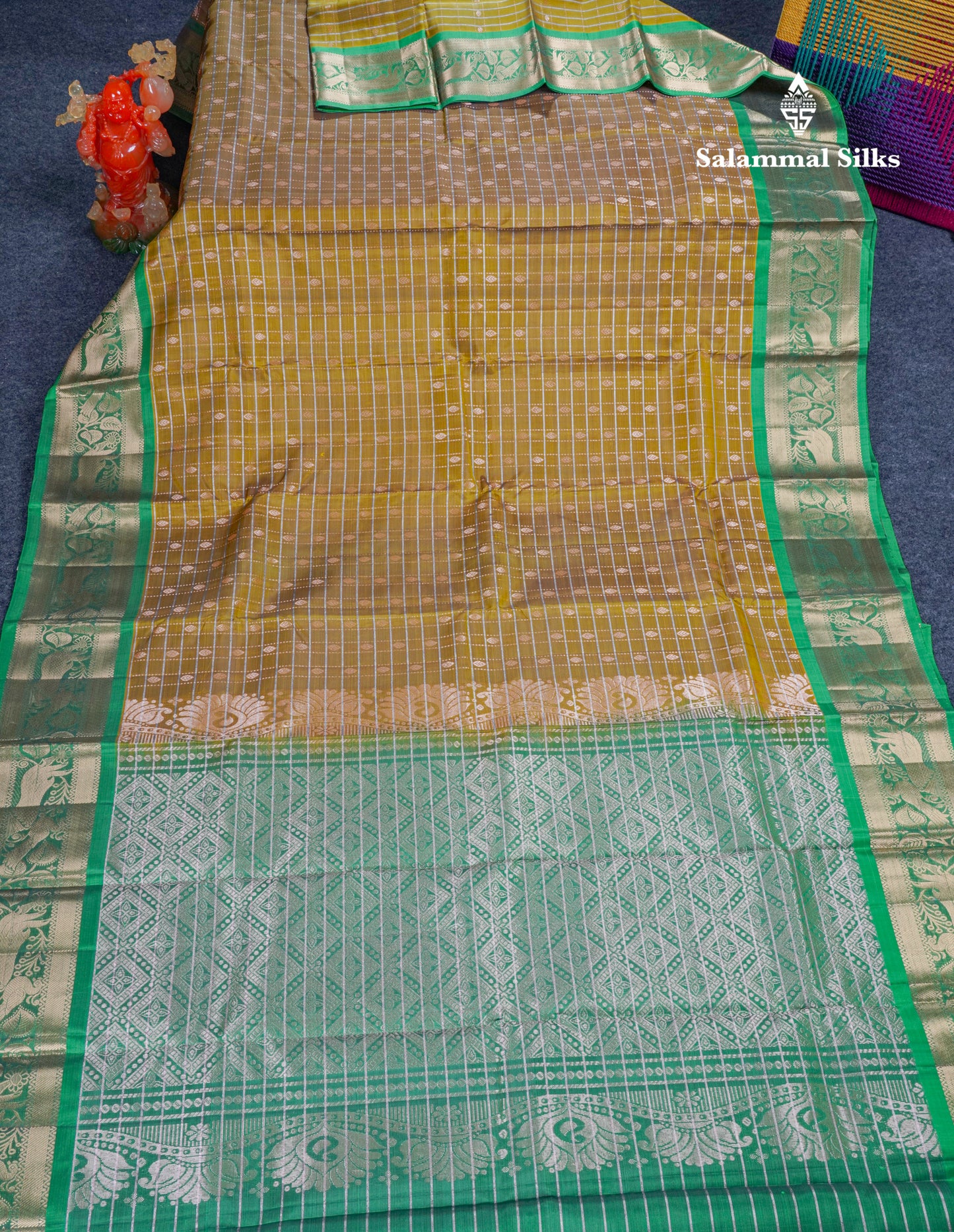 Olive Mustard Yellow Pure Silk Mix Saree With Contrast Green Border