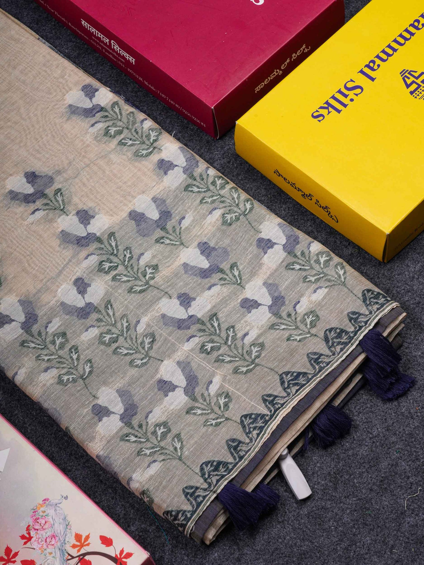 Beautiful Cream Sandal Thread Work Butta Muga Cotton Saree With Contrast Navy Blue Blouse