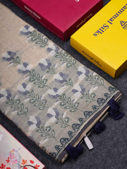Beautiful Cream Sandal Thread Work Butta Muga Cotton Saree With Contrast Navy Blue Blouse