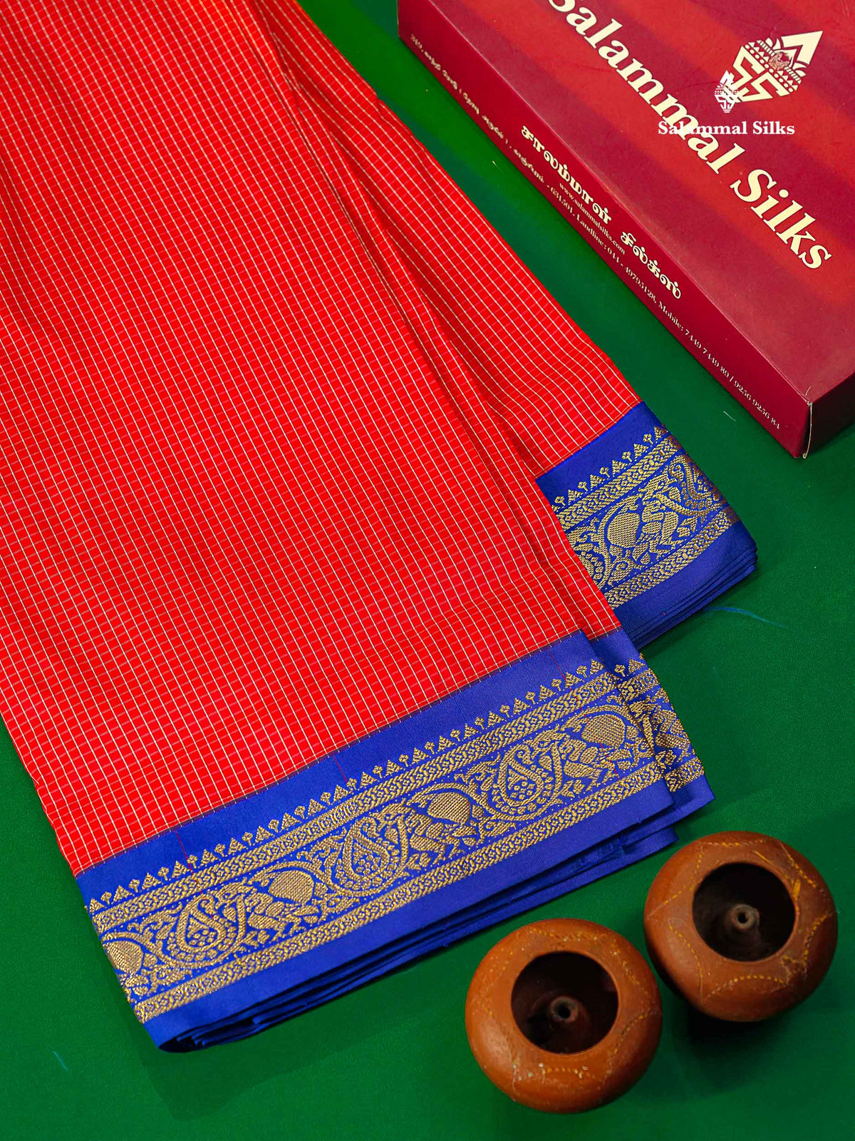 9.5 Yards Semi Silk Saree Pink Tiny Checks with Contrast Blue Border