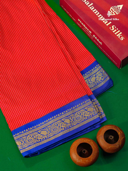 9.5 Yards Semi Silk Saree Pink Tiny Checks with Contrast Blue Border