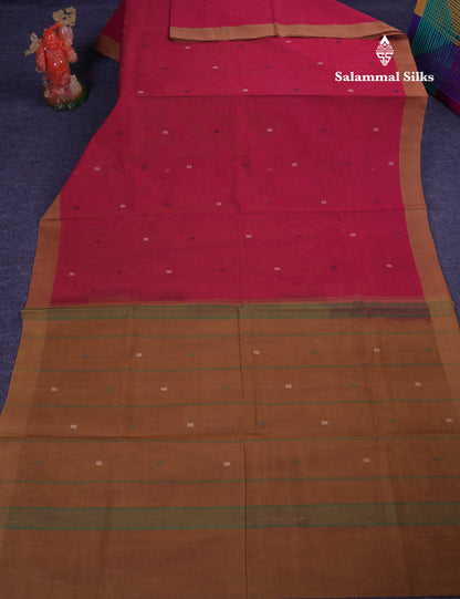 Beautiful Redish Maroon Pure Cotton Saree With Contrast Brown Border