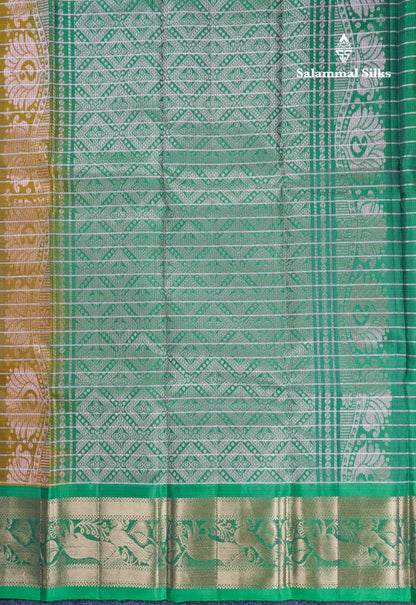 Olive Mustard Yellow Pure Silk Mix Saree With Contrast Green Border