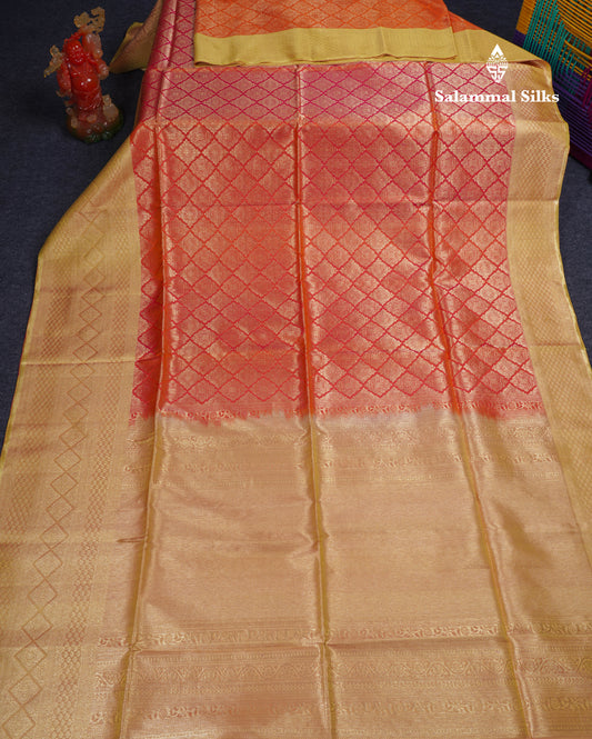 Beautiful Dual Tone Pinkish Orange Pure Soft Silk Saree With Contrast Dual Tone Parrot Green Border