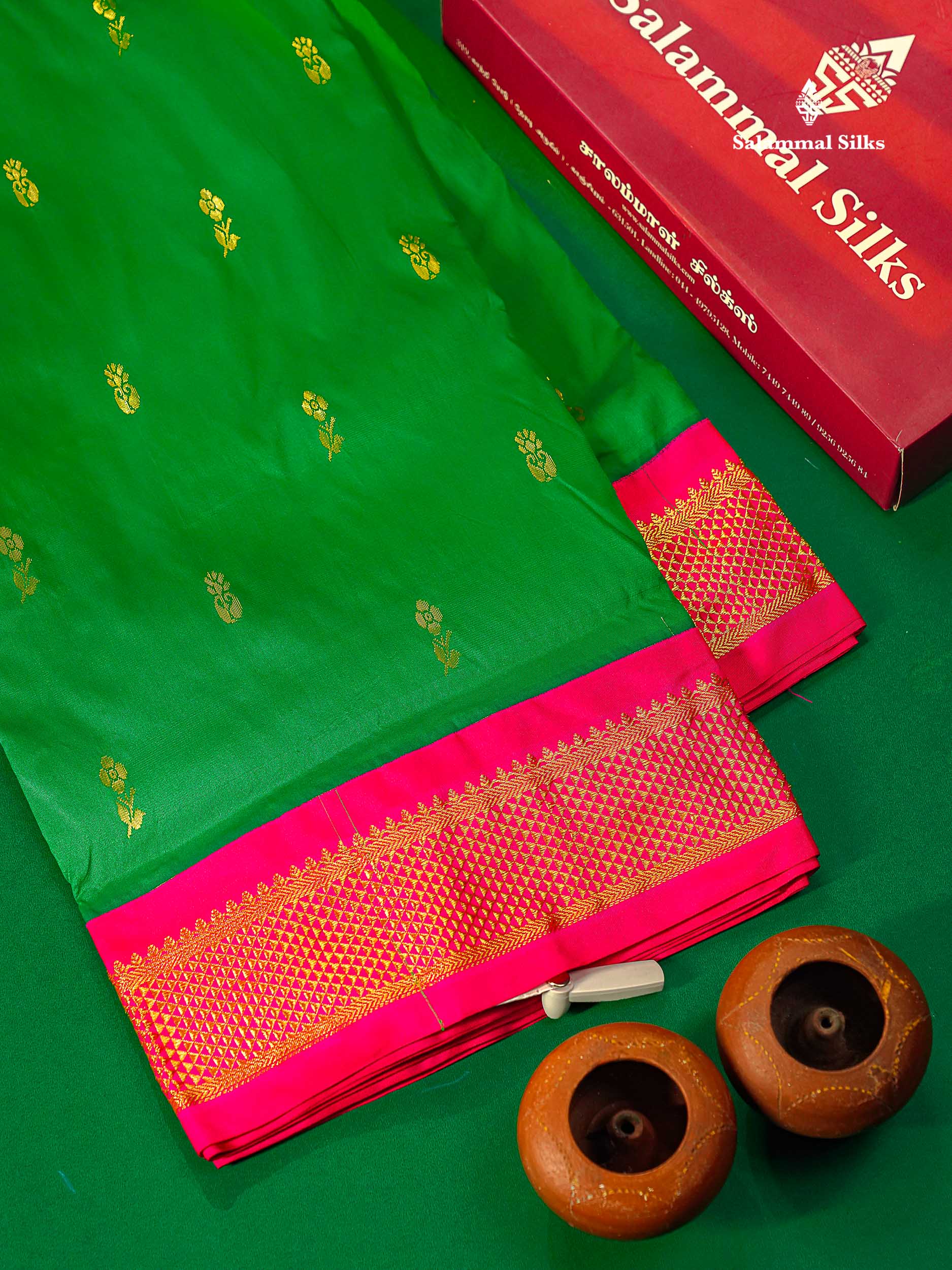Semi Silk Saree - Green Colour Body Zari Buttas With Contrast Pink Border | 10 Yards 