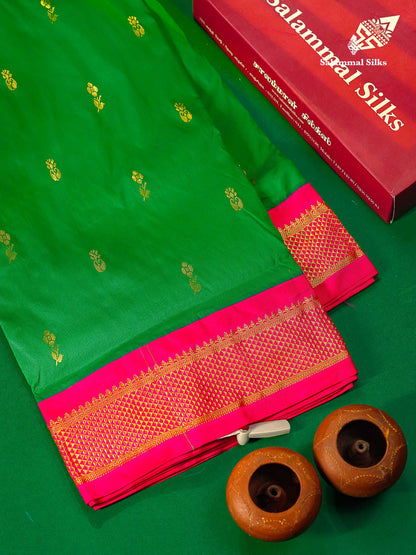 Semi Silk Saree - Green Colour Body Zari Buttas With Contrast Pink Border | 10 Yards 