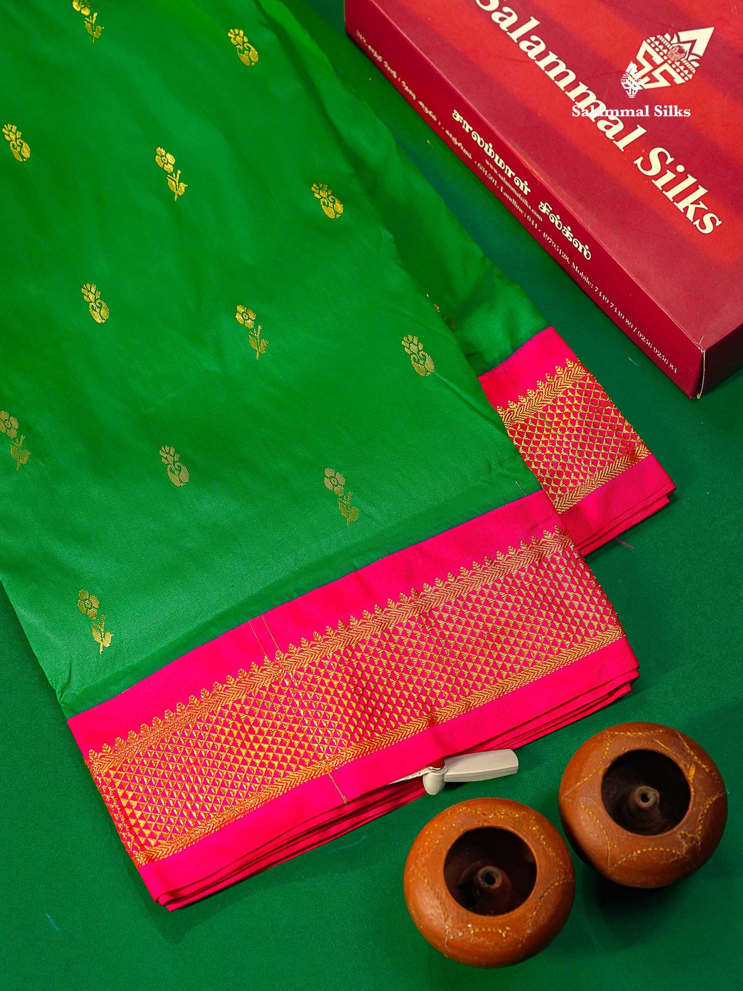 Semi Silk Saree - Green Colour Body Zari Buttas With Contrast Pink Border | 10 Yards 