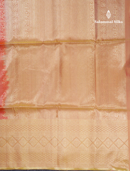 Beautiful Dual Tone Pinkish Orange Pure Soft Silk Saree With Contrast Dual Tone Parrot Green Border