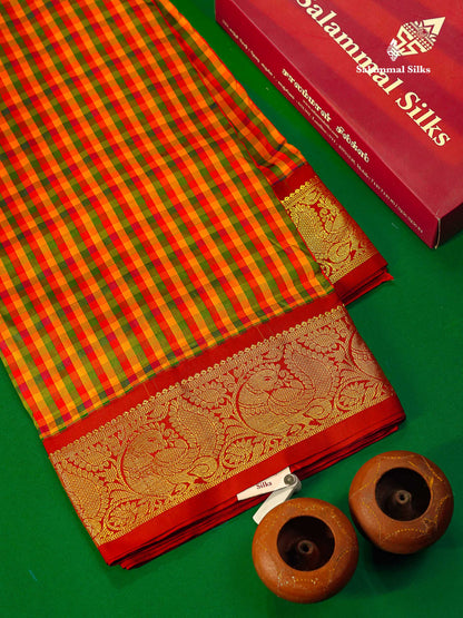 Semi Silk Saree - Multicolour Colour Body Checks With Contrast Maroon Traditional Border | 10 Yards