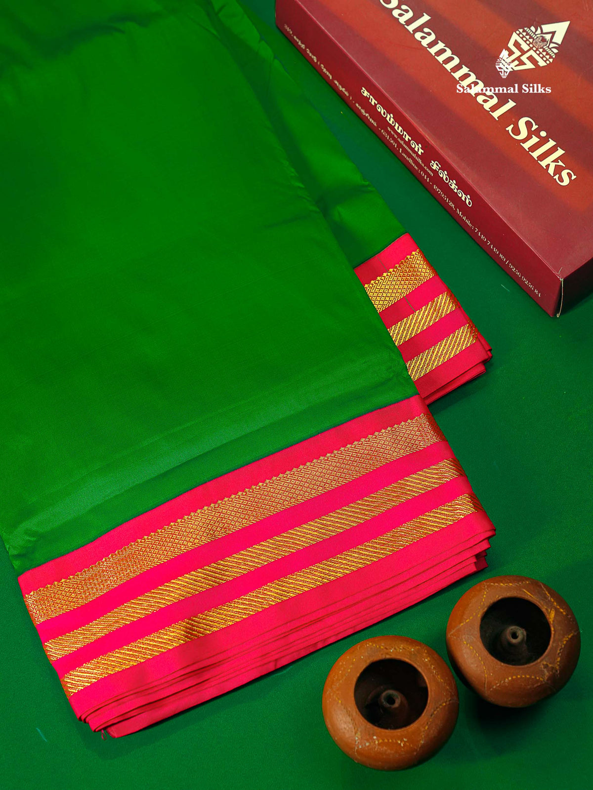 9.5 Yards Semi Silk Saree Green with Contrast Pink Traditional Border