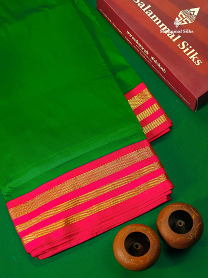 9.5 Yards Semi Silk Saree Green with Contrast Pink Traditional Border