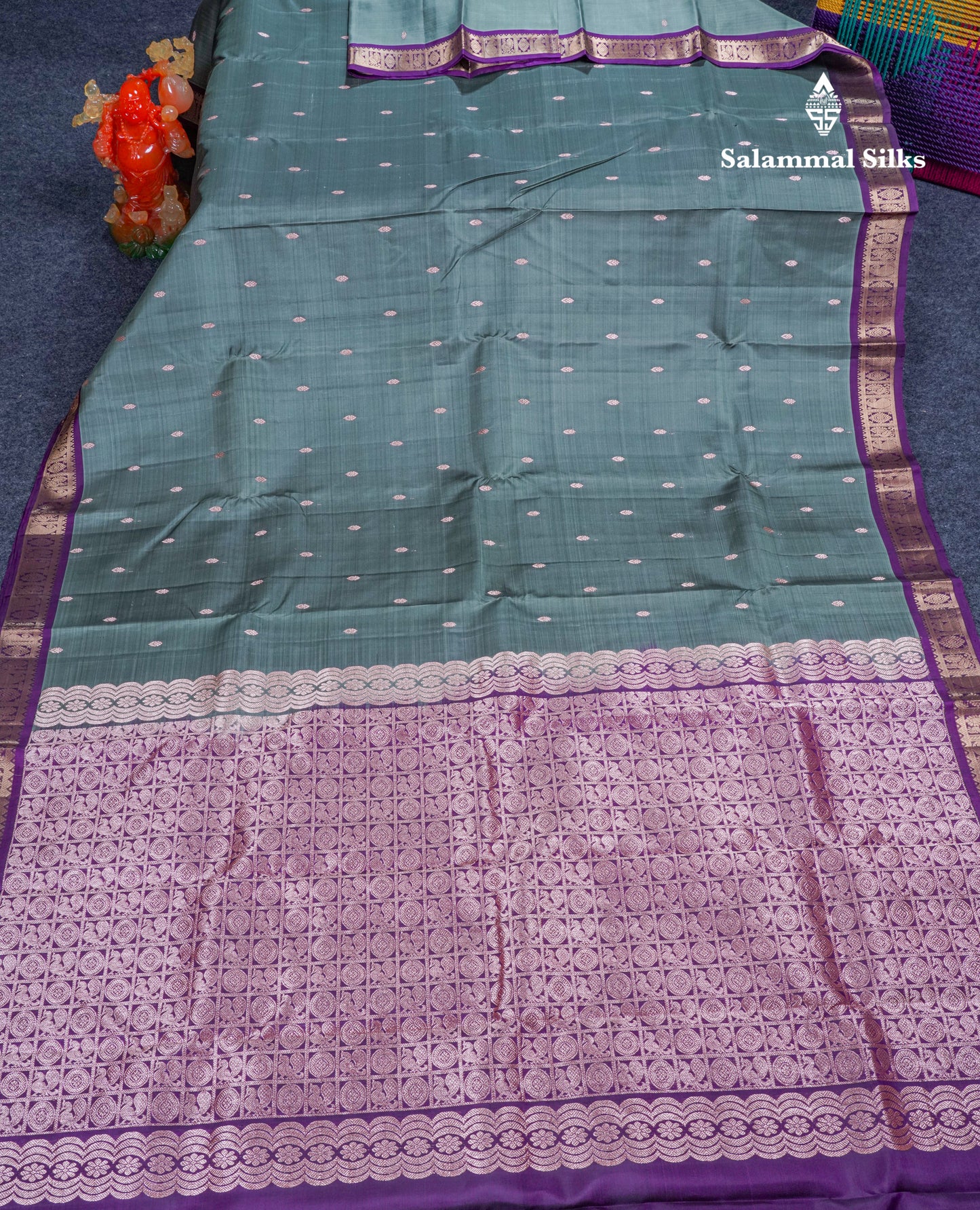 Grey Pure Mix Silk Saree With Contrast Purple Small Traditional Border