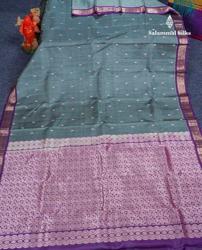 Grey Pure Mix Silk Saree With Contrast Purple Small Traditional Border