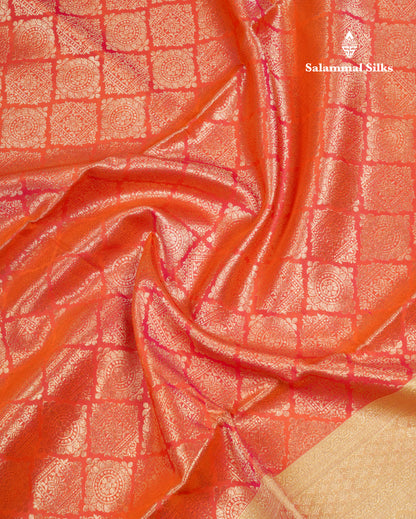 Beautiful Dual Tone Pinkish Orange Pure Soft Silk Saree With Contrast Dual Tone Parrot Green Border
