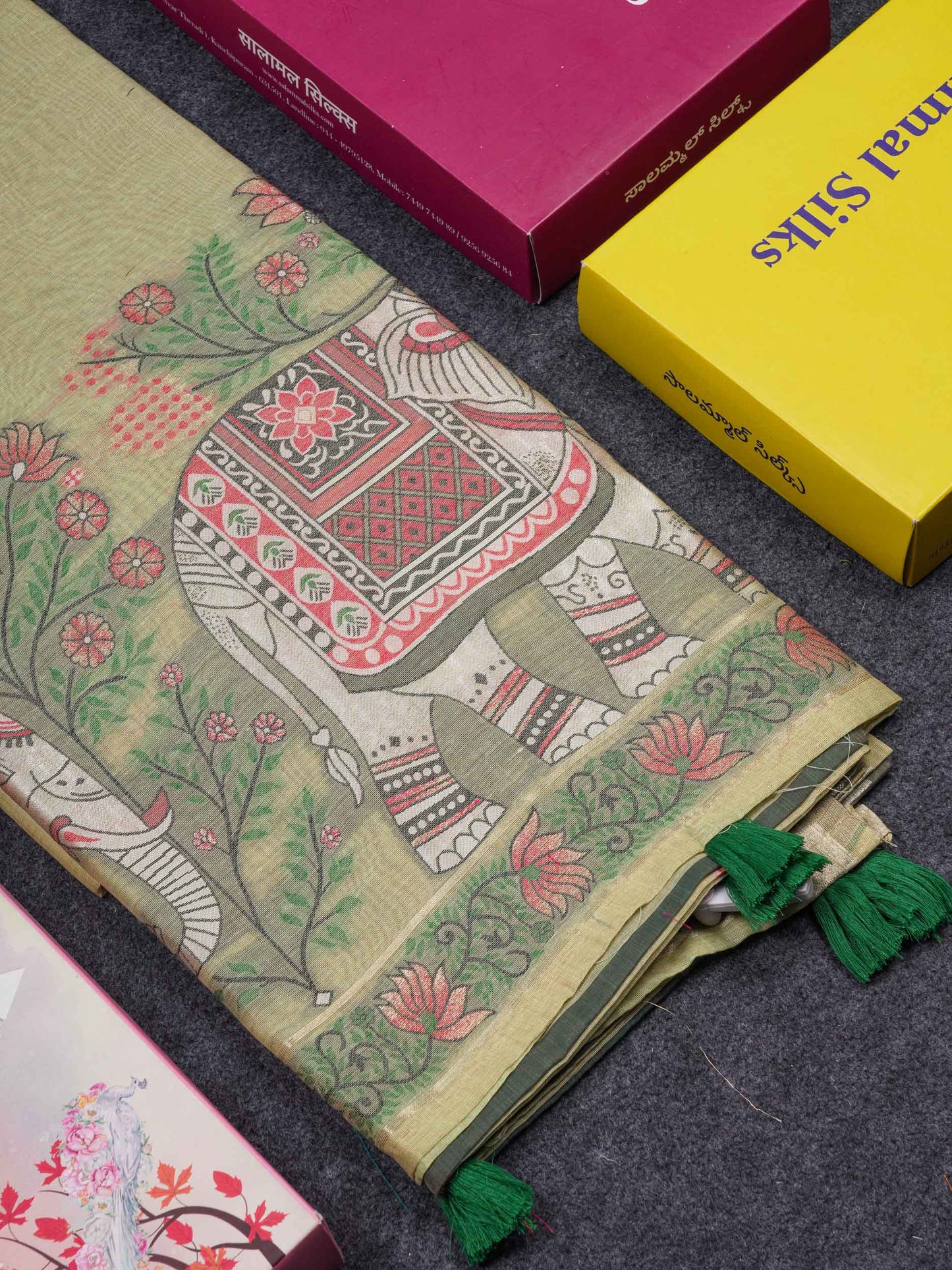 Beautiful Sapphire Green Thread Work Butta Muga Cotton Saree With Contrast Peacock Blue Blouse