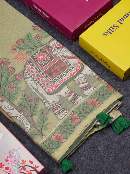 Beautiful Sapphire Green Thread Work Butta Muga Cotton Saree With Contrast Peacock Blue Blouse