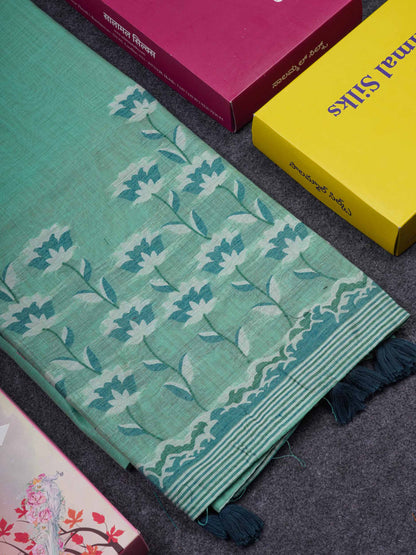 Beautiful Mustard Yellow Thread Work Butta Muga Cotton Saree With Contrast Red Blouse