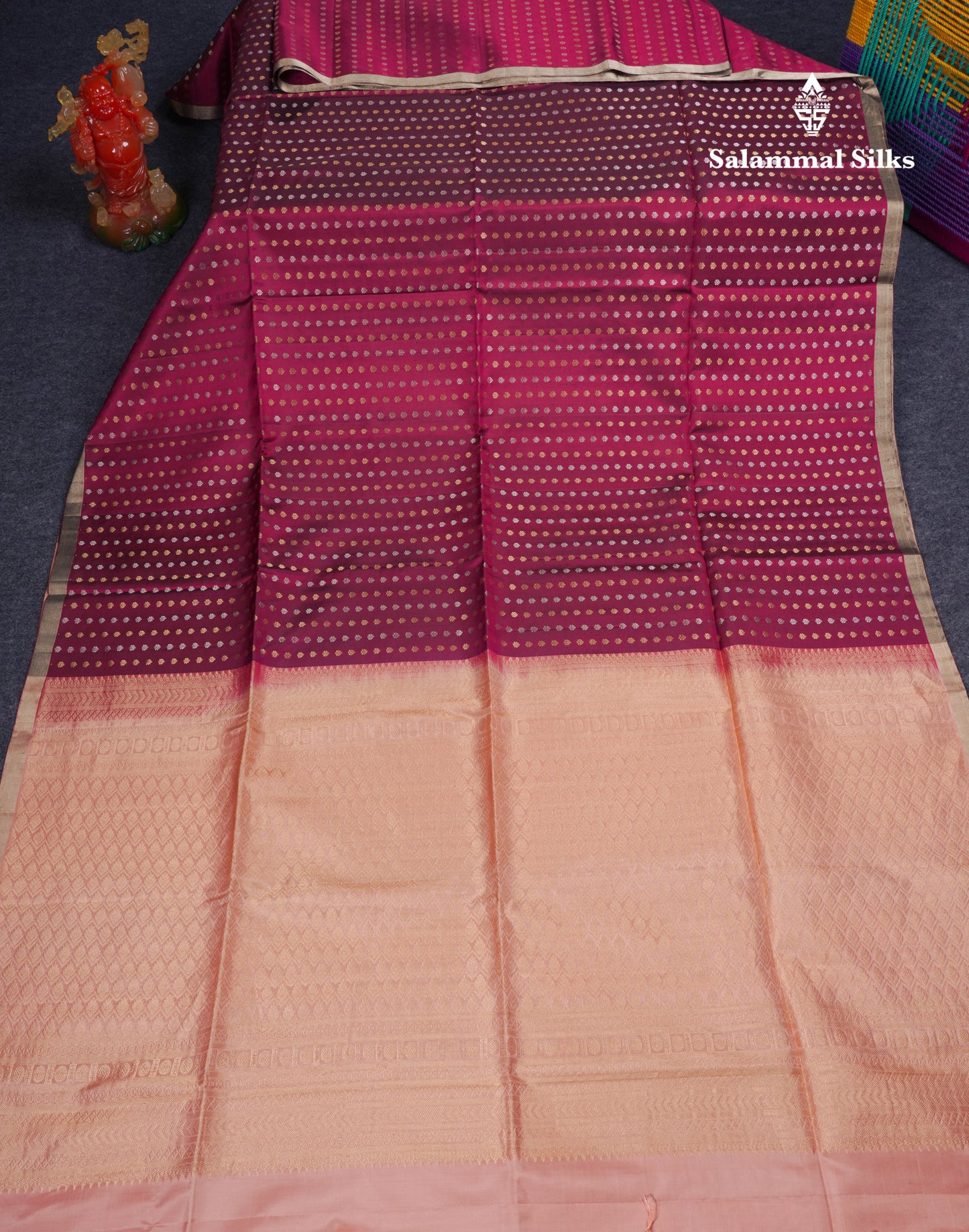 Beautiful Dual Tone Magenta Pure Kanjivaram Soft Silk Saree With Contrast Peach Blouse