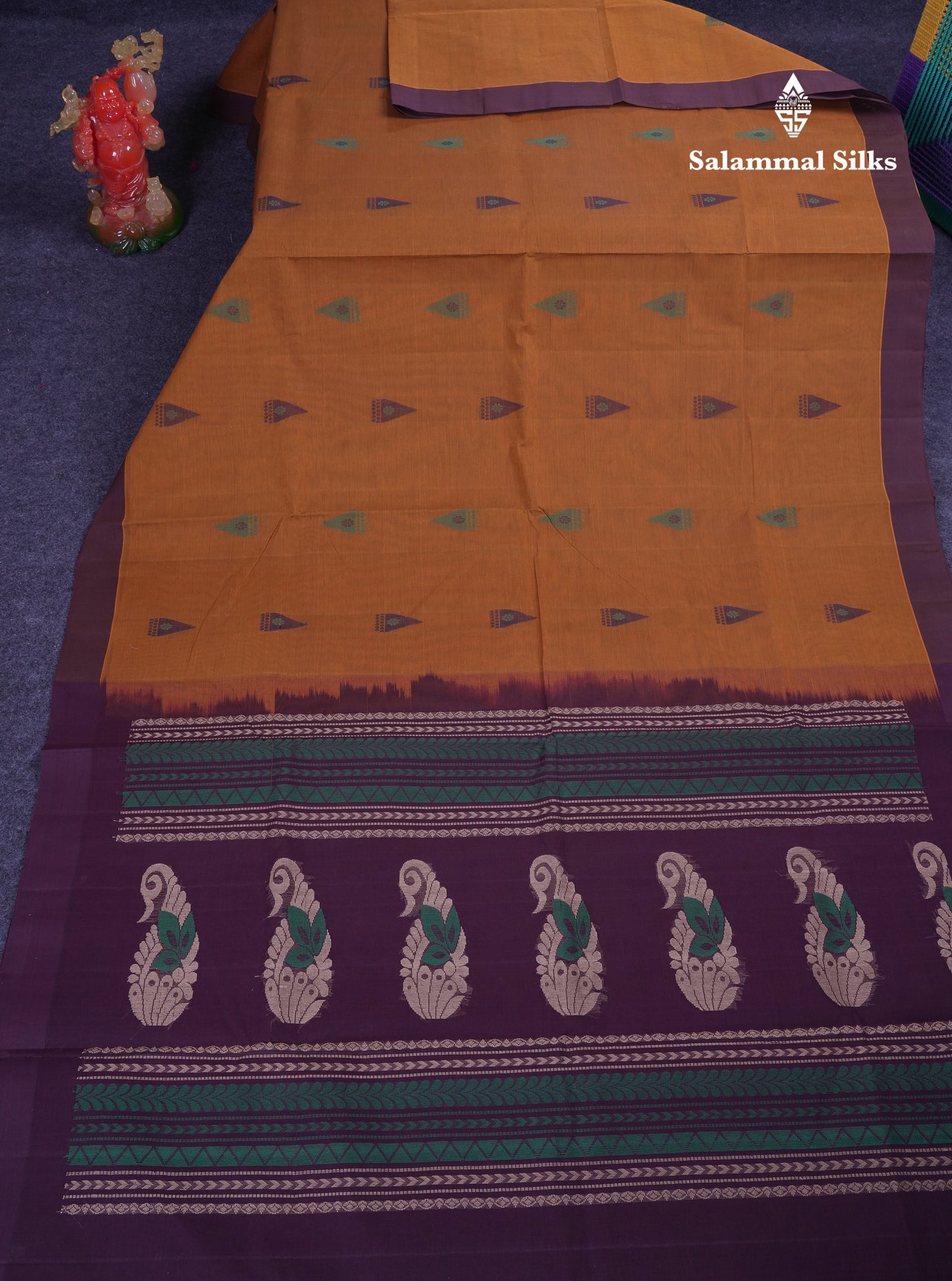 Beautiful Mustard Yellow Thread Work Butta Handloom Pure Cotton Saree With Contrast Dark Violet Border