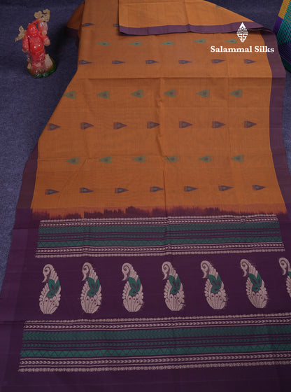 Beautiful Mustard Yellow Thread Work Butta Handloom Pure Cotton Saree With Contrast Dark Violet Border