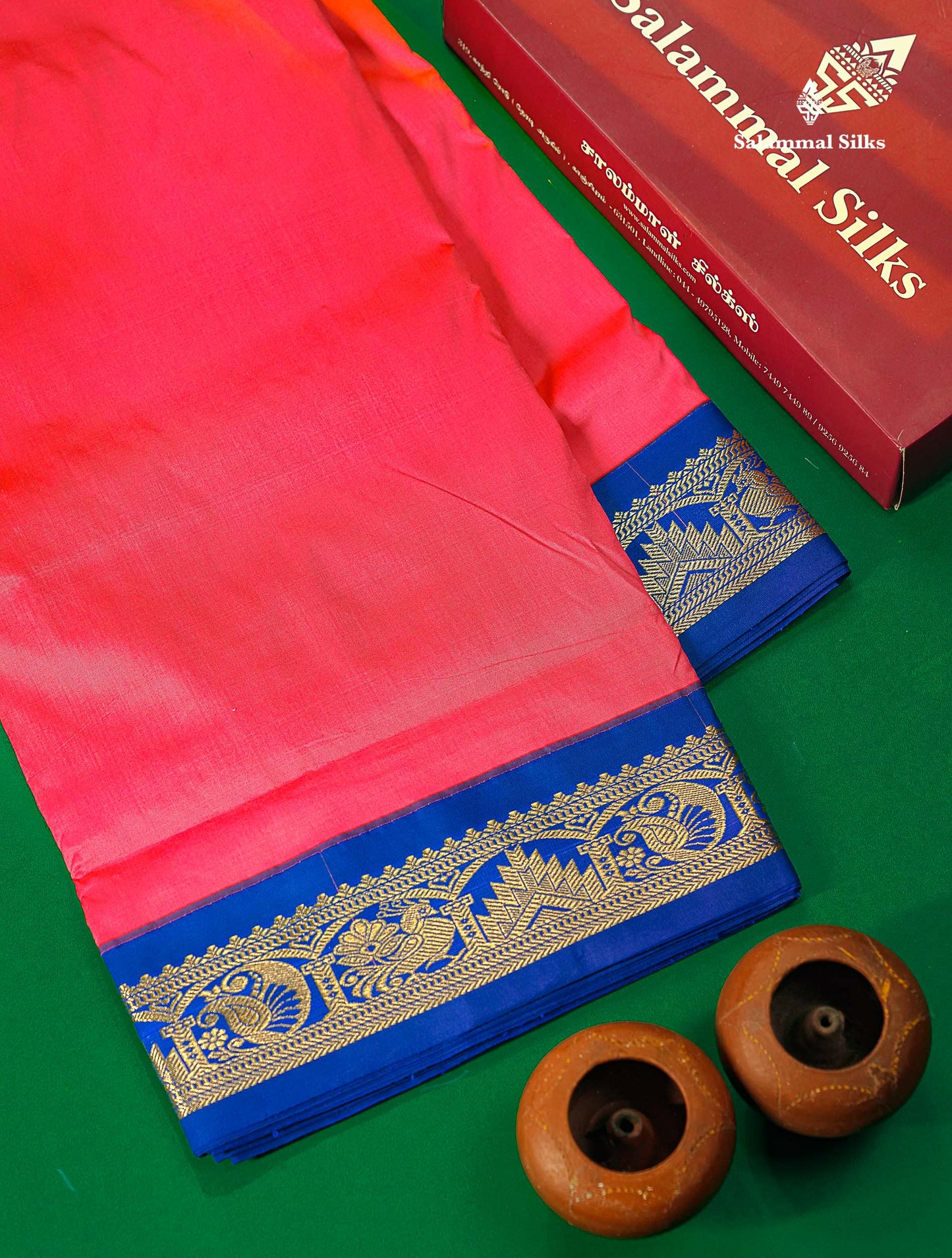 Semi Silk Saree - Pink Colour Body Plain With Contrast Blue Traditional Border | 9 Yards