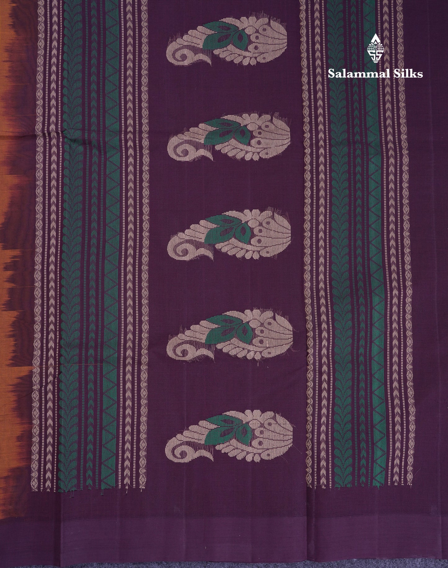 Beautiful Mustard Yellow Thread Work Butta Handloom Pure Cotton Saree With Contrast Dark Violet Border
