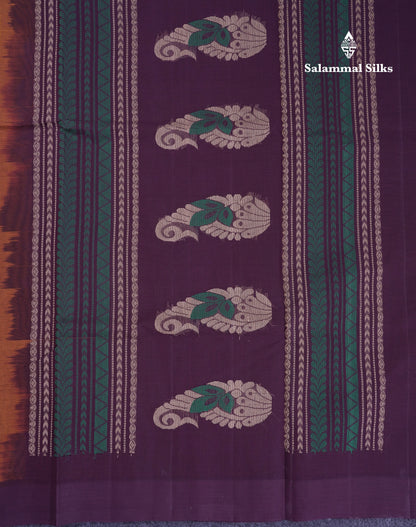 Beautiful Mustard Yellow Thread Work Butta Handloom Pure Cotton Saree With Contrast Dark Violet Border