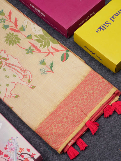Beautiful Light Pink Thread Work Butta Muga Cotton Saree With Contrast Pink Blouse