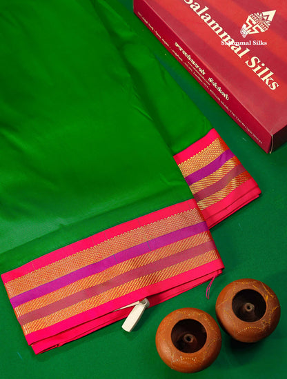 10.5 Yards Semi Silk Saree Green With Contrast Pink Traditional Border