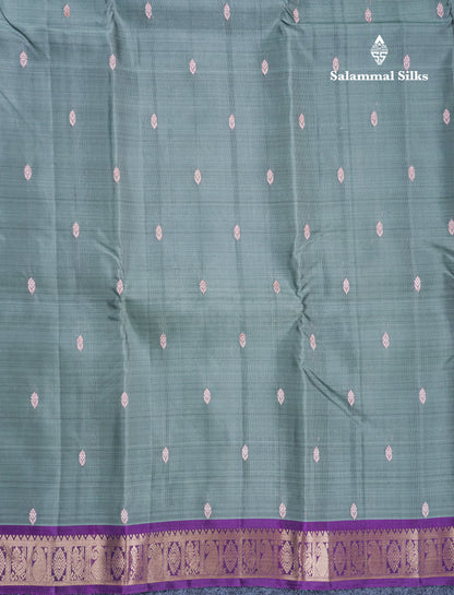 Grey Pure Mix Silk Saree With Contrast Purple Small Traditional Border