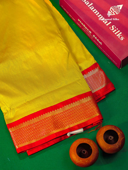 9.5 Yards Semi Silk Saree Parrot Green With Contrast Chilly Red Traditional Border