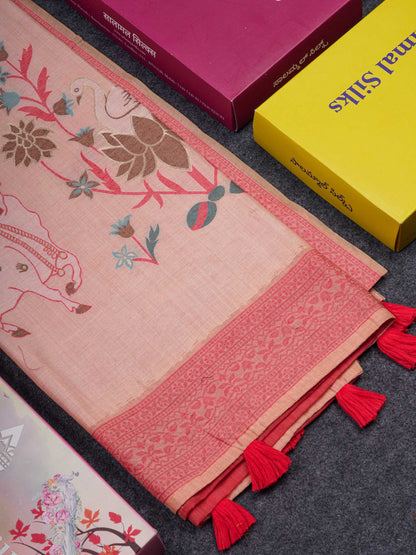 Beautiful Light Pink Thread Work Butta Muga Cotton Saree With Contrast Pink Blouse