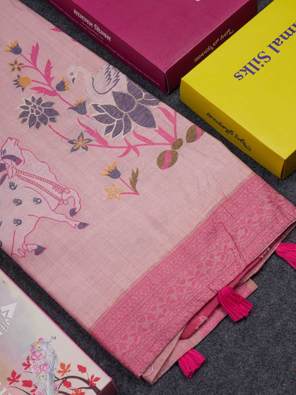 Beautiful Light Pink Thread Work Butta Muga Cotton Saree With Contrast Pink Blouse